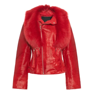 Women’s Red Tara Calf Fur Red Leather Jacket